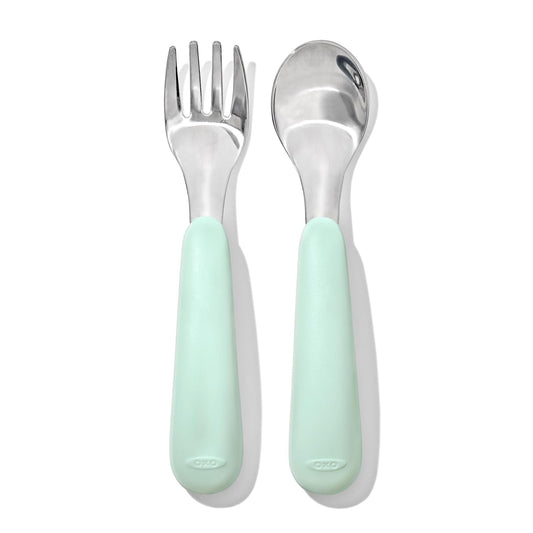 OXO Tot On-The-Go Fork and Spoon Set with Blossom and Opal Travel Cases, Stainless Steel Utensils for Kids