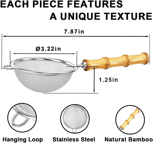 2PCS Loose Leaf Tea Strainer with Bamboo Handle Fine Mesh Stainless Steel Tea Infuser for Loose Tea Tea Filter Reusable Tea Steeper for Coffee Cocktails Juice Matcha Sifter
