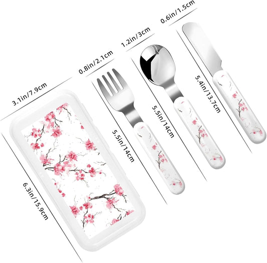 Stainless Steel Kids Silverware Set, Cherry Blossom Utensil Set Reusable Children Safe Knife Spoon Fork Set With Storage Case Dishwasher Safe For Lunch, Travel Outdoors