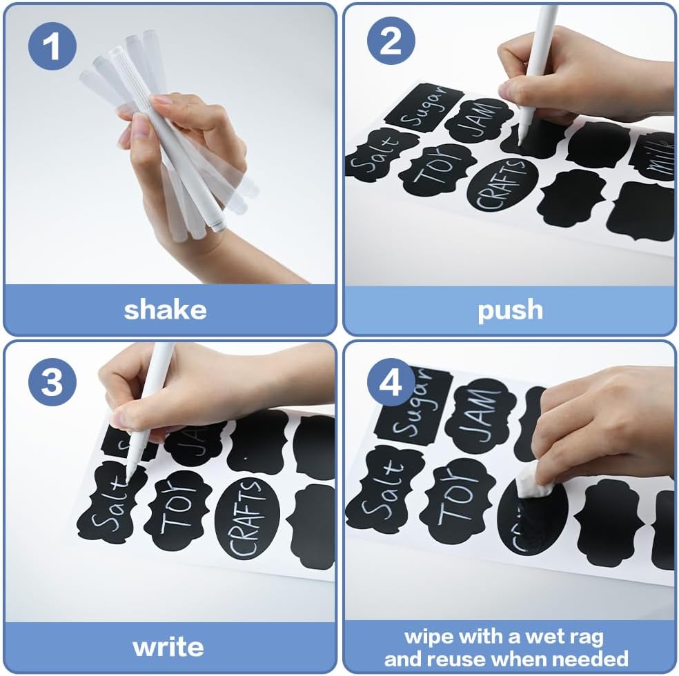 200PCS Chalkboard Labels, Waterproof Reusable Labels with 1 Erasable Pen, Removable Blackboard Label Stickers for Food Containers, Storage Bins, Jars, Kitchen Spice Label (Black)