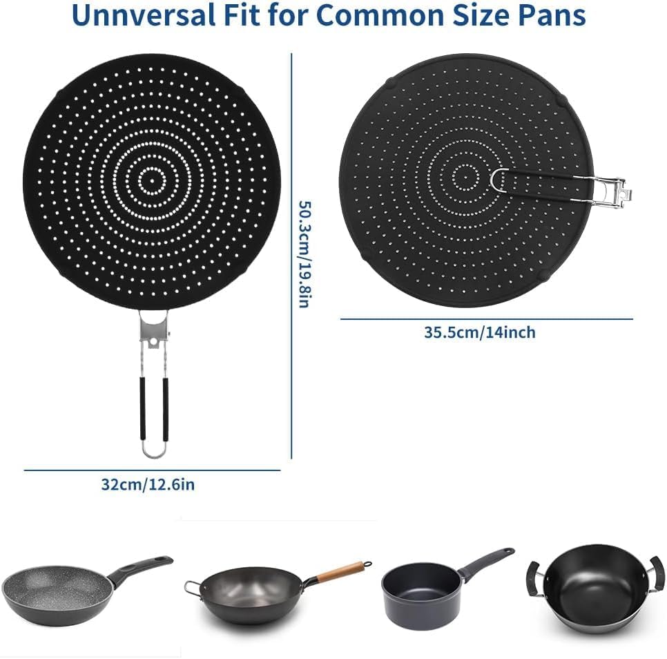Silicone Splatter Screen for Frying Pan 14’’, Foldable Grease Splatter Guard with Anti-Slip Handle, Food Grade Silicone Washable Heat Resistant Oil Splash Guard