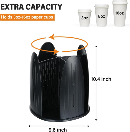 Rotating Paper Cup Dispenser,Cup Holder with 4 Compartments,Plastic Cup Storage and Lid Holder,Disposable Coffee Cup Dispenser Removable for Kitchen, Coffee Stations, Black