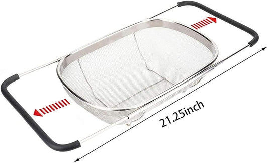 Over The Sink Stainless Steel Oval Colander with Expandable Rubber Grip Handles Strainers, Fine Mesh Strainer Basket Kitchen 6 Quarts Colander for Strain, Drain, Rinse Fruits, Vegetables