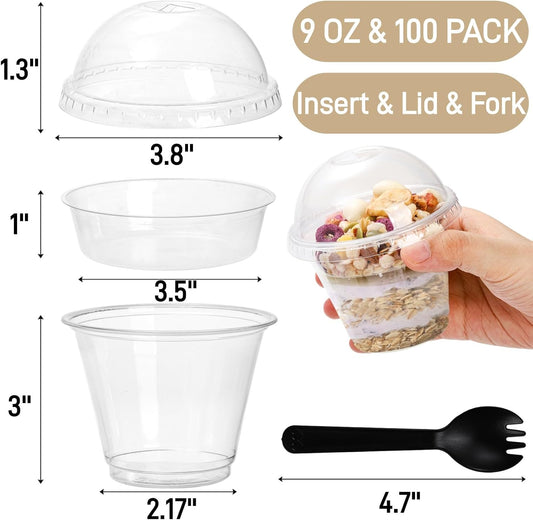 Pumtus 100 Pack Plastic Parfait Cups with Insert & Dome Lids, 9 OZ Clear Yogurt Fruit Parfait Container with Fork, Disposable To-Go Cup, Party Dessert Cup for Cereal, Veggies, Dips