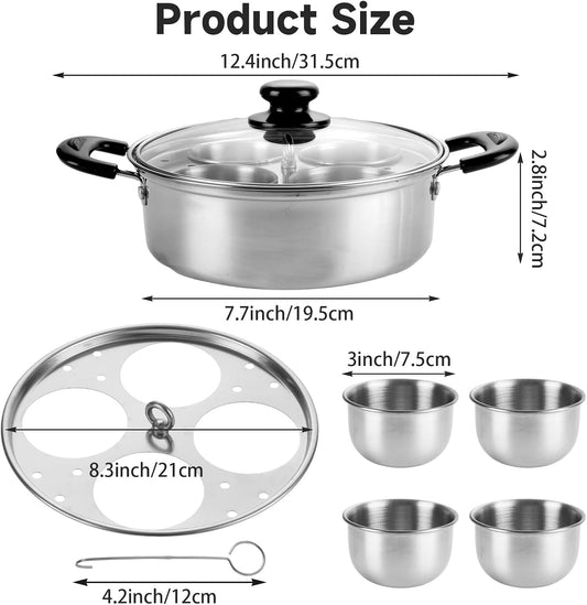Egg Poacher Pan with 4 Cups Stainless Steel Egg Poaching Pan for Kitchen, Dishwasher Safe Egg Cooker with Glass Lid and Heat Resistant Handle