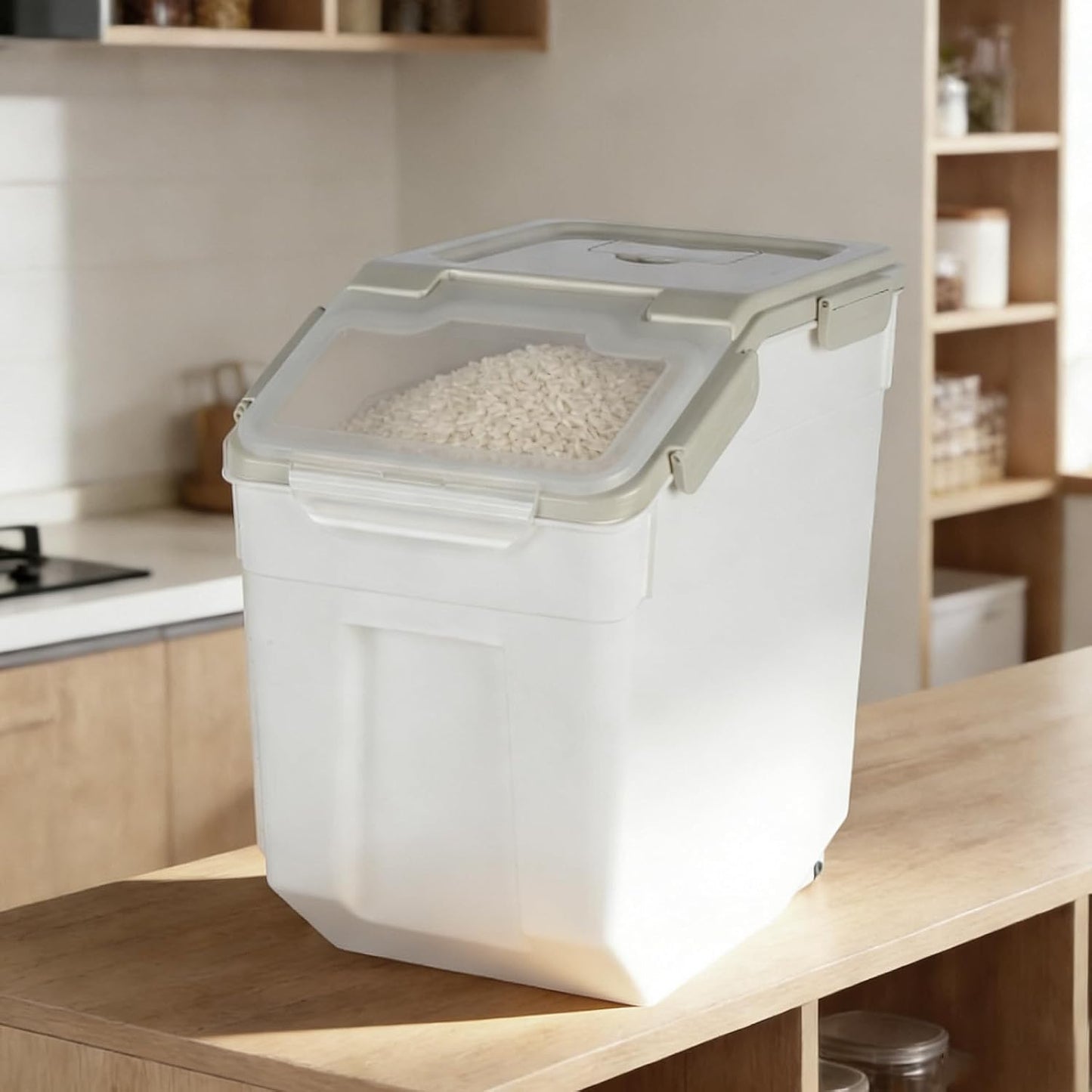 Rice Storage Container 25 lbs, Grey, 2 Pack | Airtight, with Wheels, Locking Lid, Measuring Cup Included, for Flour Sugar Grain Cereal