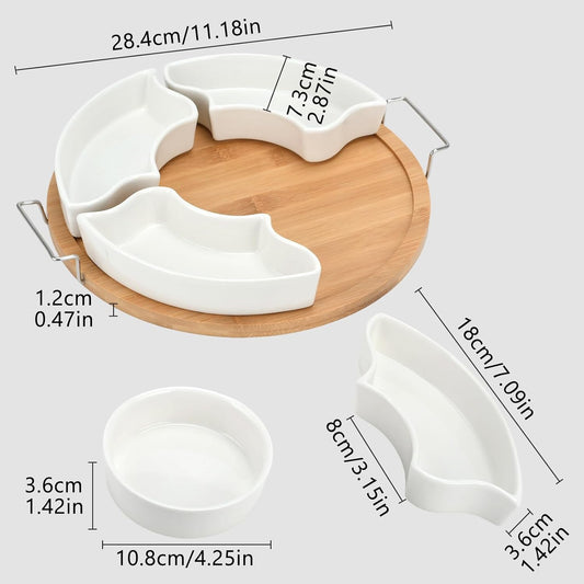 Chip and Dip Serving Set, Serving Platters, 11 inch Ceramic Appetizer Serving Tray, Porcelain Divided Serving Dishes, 6-Compartment Removable Appetizer Snack Dishes, Serving Platters and Trays
