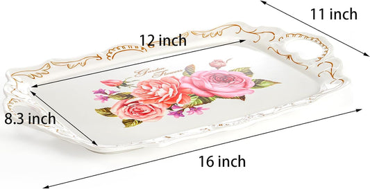 Nicunom 3 Pack Melamine Serving Tray with Handles, Floral Serving Trays Stackable Food Tray for Eating Unbreakable Large Serving Platter for Party, Decor, Home, Restaurant, Gift,16" L x 11" W