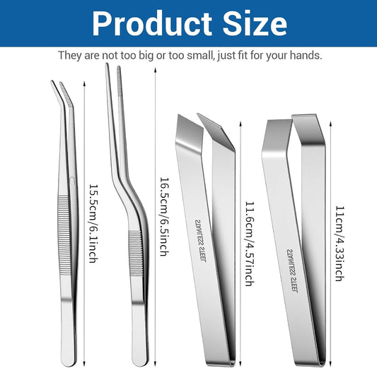 Ymapinc Fish Bone Tweezers Set, 4 Pieces Stainless Steel Food Cooking Tweezers to Remove Bones and Scales, Kitchen Tongs with Ergonomic Handles (Silver)