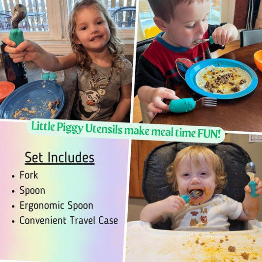 Kids Travel Utensil Set with Case. Include Fork, Universal Spoon, & Ergonomic Right Handed Spoon. Easy grip handles, 304 stainless utensils, feet to keep the utensils off surfaces.