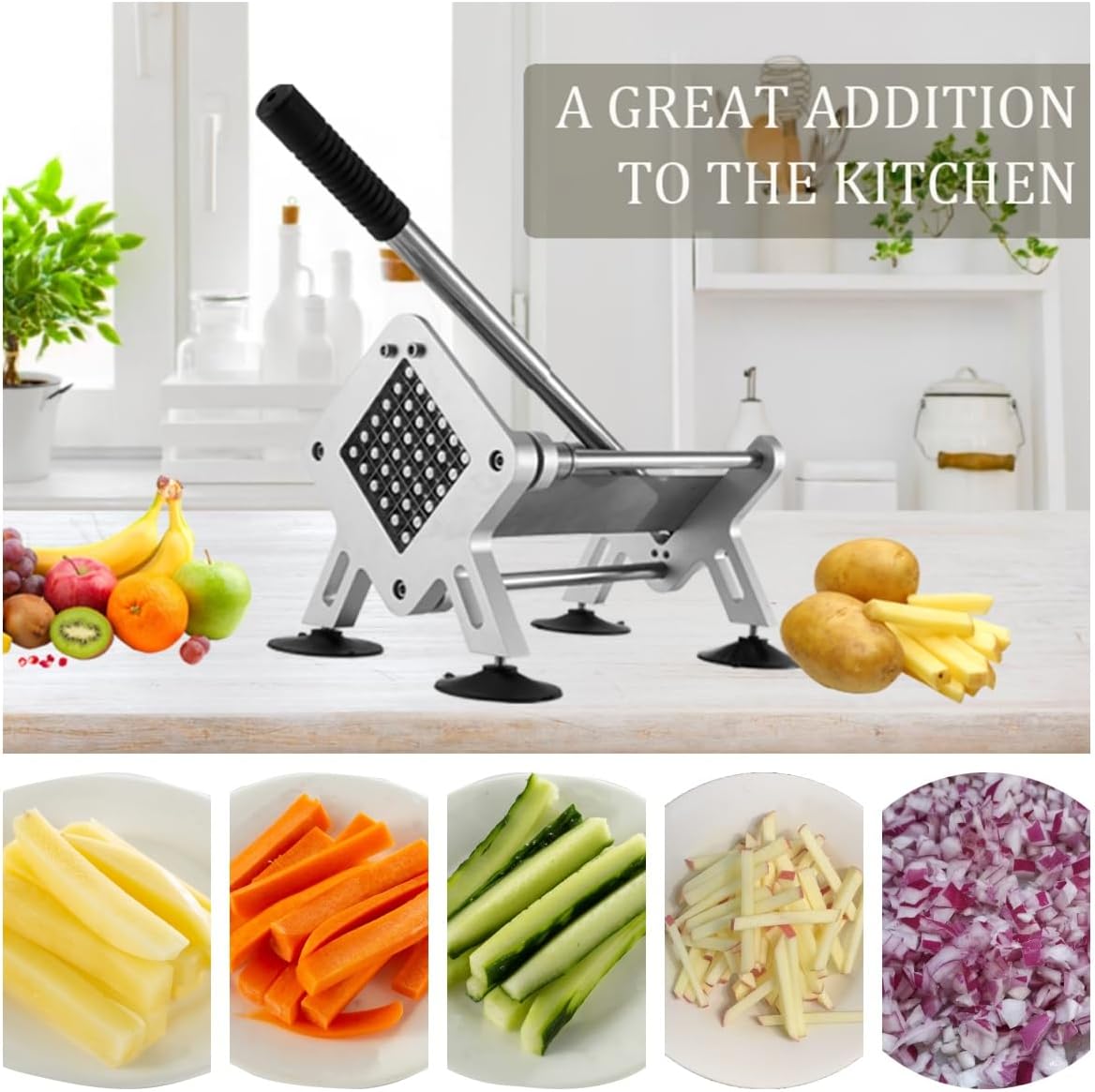 French Fry Cutter, Stainless Steel Potato Cutter with 1/2-Inch and 3/8-Inch Blades, 4 Suction Feet, Removable Handle for Potatoes, Carrots and Cucumbers