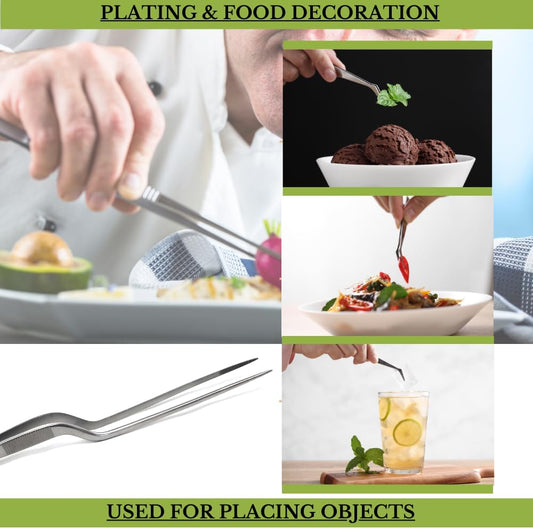 Stainless Steel Offset Chef Kitchen Tweezers for Preparing, Sea Food, BBQ, Decorating Plates & Cakes, Pastries, Kernels of Corn, Pine Nuts Garnishing, Placing & Picking Objects (8 Inch)