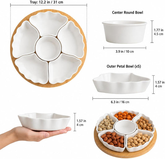 Porcelain Divided Serving Dishes, Relish Tray, 12'' Serving Tray and Platter with 6 Removable Compartment, for Party, Kitchen Decor, for Chips and Dip, Fruits, and Condiment