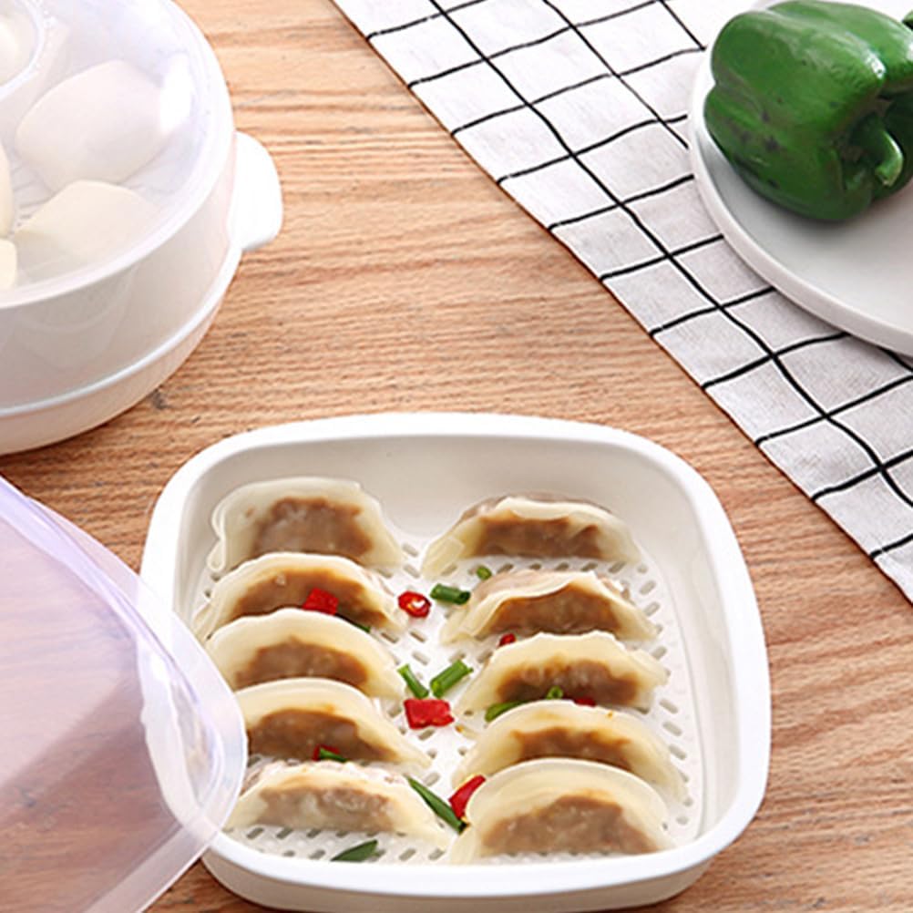 MAGICLULU Microwave Vegetable Steamer with Lid and Tray - 8.26" Square Microwave Heating Bowl for Fish, Dumplings, Meat - Micro Cookware for Cooking for Home, Gem, Office Kitchen (White)