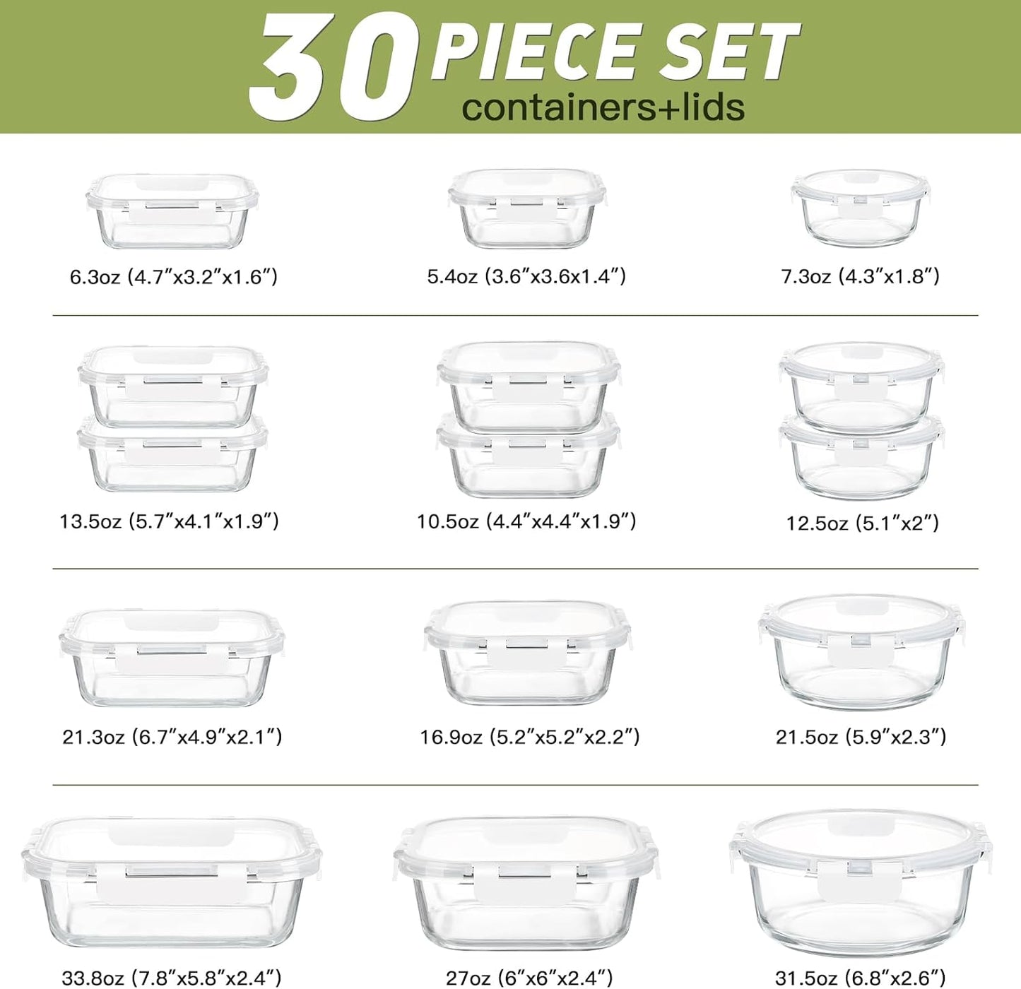 BAYZZ 30 Piece Glass Food Storage Containers Set, Glass Meal Prep Containers with Lids, Airtight Lunch Box, BPA-Free, Microwave, Freezer & Dishwasher Safe