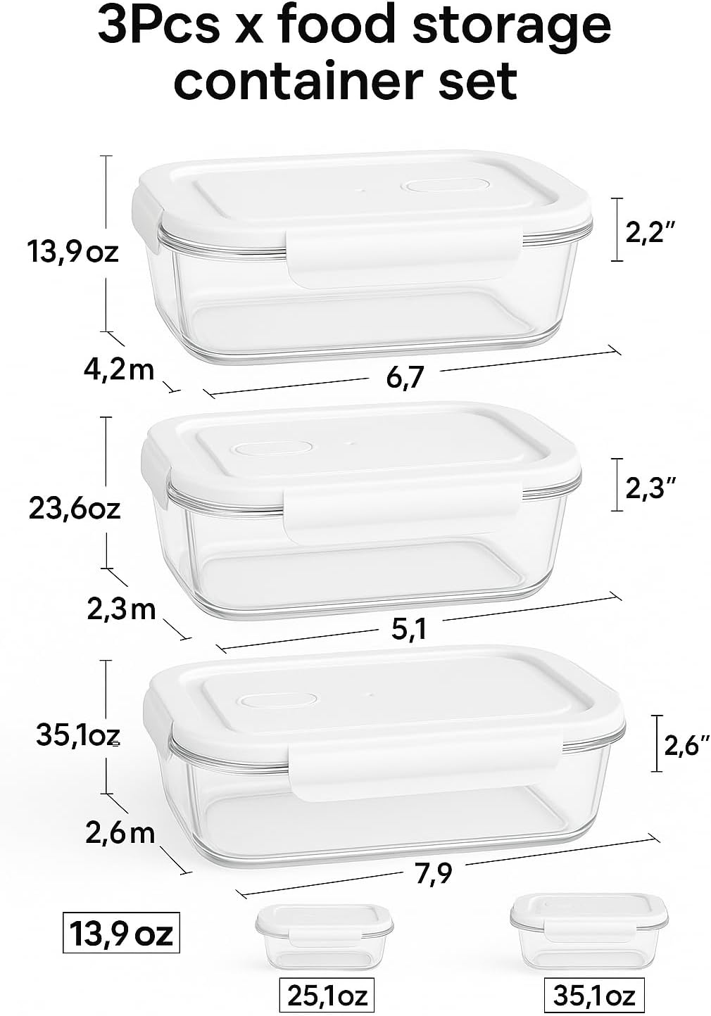 Glass Food Storage Container Set, 3 Piece, Rectangular with White Lids, 13.9oz/23.6oz/35.1oz Capacity, Stackable Meal Prep Containers