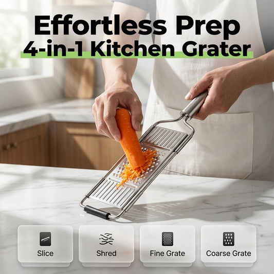 4-in-1 Vegetable Slicer, Handheld Mandoline Cutter with Stainless Steel Guard, Adjustable Thickness Onion Slicer, Sharp Veggie Shredder for Kitchen Fruit Cutting, Silver