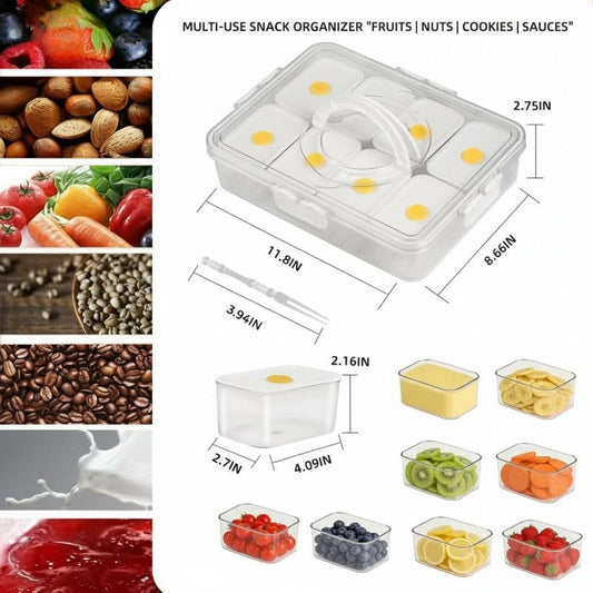 Premium Leak-Proof Snackle Box Container with 8 Clear Compartments & 8 Airtight Lids | Portable Clear Snack Tray with Lid & Handle | Divided Serving Tray for Fruits, Snacks, Sauces, Veggie & More