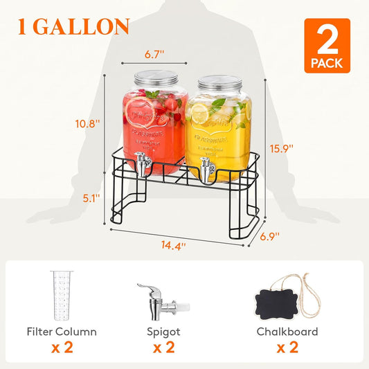Lifewit 2 Gallon Glass Drink Dispenser for Parties, Beverage Container with Stand for Juice/Tea/Soda & Lemonade, Water Pitcher with Leakproof Spigot for Mimosa Bar, Birthday, Wedding Hosting, 2 Pcs