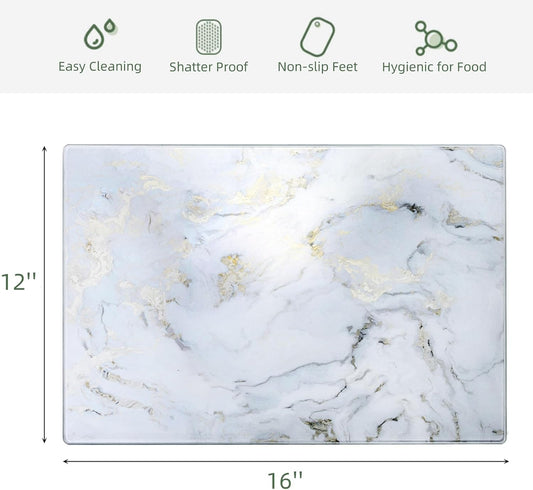 WRINGKIT Set of 2 Glass Cutting Board with Marble Pattern, Tempered Glass Chopping Board with Non-Slip Feet, 16"x 12" Large Glass Board for Countertop, Kitchen, Easy to Clean