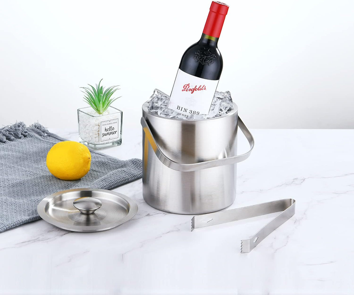 LUCKYGOOBO Mini Ice Bucket Portable Double Wall Ice Bucket with Tong,Stainless Steel Hotel Bucket/Champagne/Beverage Bucket,Size 1.3 Liters 5.5 x 5.5 in,Serveware for Party,Event,and Camping.
