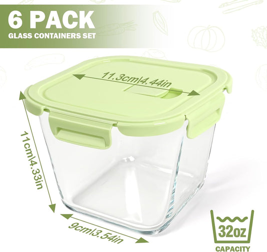 Glass Soup Containers with Lids 32oz - Borosilicate Glass Storage Containers 4 Cup, Freezer to Microwave Safe, Airtight Leak Proof, Square Meal Prep Containers for Lunch Travel- 6 Pack