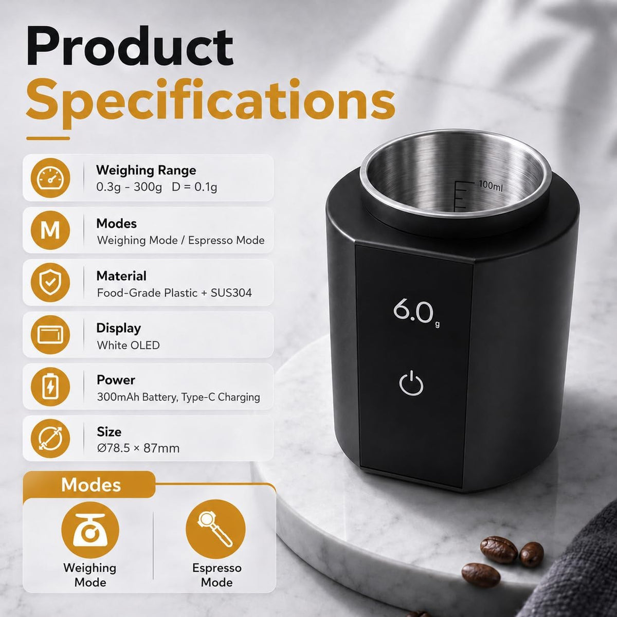 Espresso Scale with Auto Timer, 3‑in‑1 SUS304 Coffee Dosing Cup, 0.1g Precision 300g, USB‑C Rechargeable OLED Display, Portable Shot Scale for Coffee Beans & Ground Powder, Black