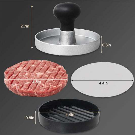 Burger Press Patty Maker Stainless Steel Hamburger Patty Press Mold Wood Handle Non-Stick with 100 Patty Papers,BBQs, and Cooking – Perfect for Flattening Patties and Searing Juicy Burgers