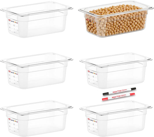 6 -Pack 1/4 Size 4" Deep Polycarbonate Food Pans, and Handled & Notched Lids Bundle