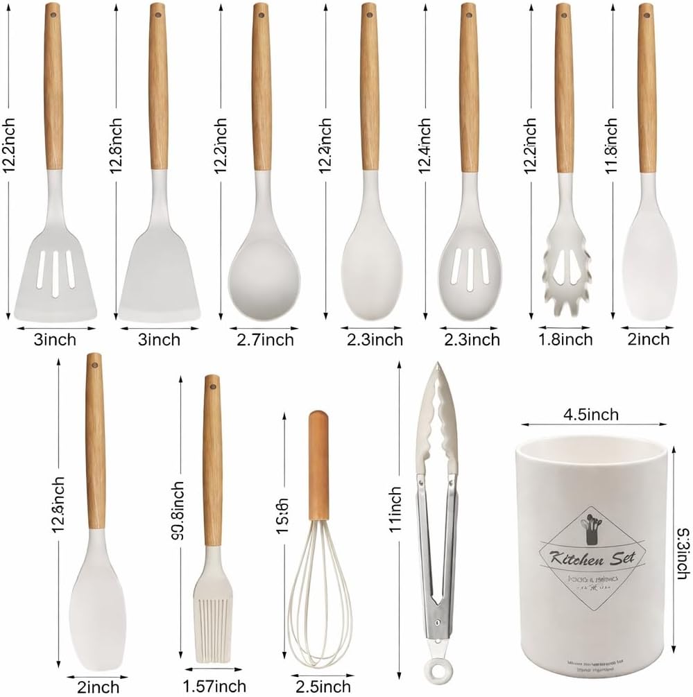 Silicone Kitchen Utensil Set with Holder, 12-Piece Heat-Resistant BPA-Free Non-Stick Cooking Tools with Wooden Handles, Includes Spatula, Spoon, Slotted Spoon, Whisk, Tongs & Brush