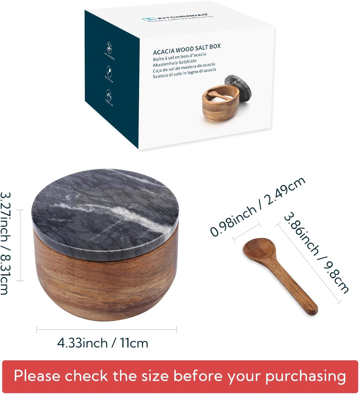 KITCHENDAO Large Acacia Salt Cellar Box Bowl with Built-in Spoon and Marble Lid, Solid Natural Acacia Wood Bath Sea Salt Container, Grey Marble Lid, Pepper Sealer Pinch Bowl, 10oz Capacity