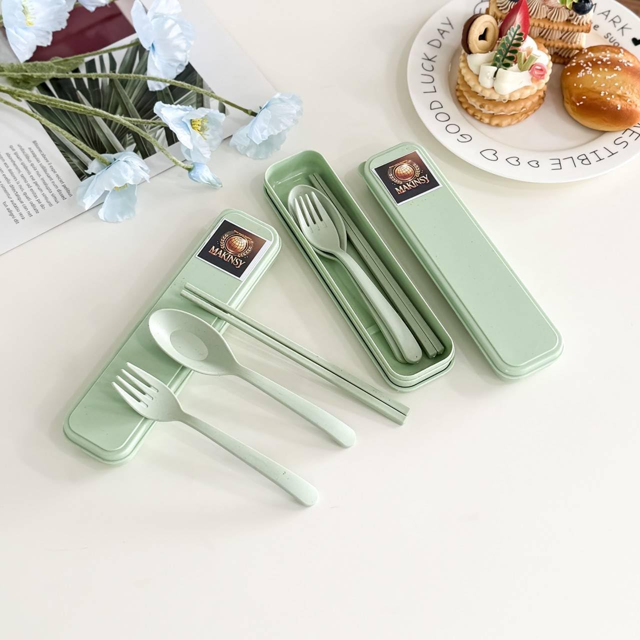 Wheat Straw Cutlery Set – Reusable Travel Utensils with Case – Portable Fork, Spoon & Chopsticks – Eco-Friendly Flatware for Kids & Adults – Lightweight Lunch Box Accessories for Work (green)