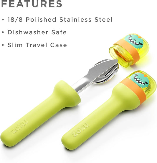 ZOKU Kids Pocket Utensil Set, Kitty - Stainless Steel Fork, Knife, and Spoon in Case - Portable Design for Travel, School, Picnics, Camping and Outdoor Home Use