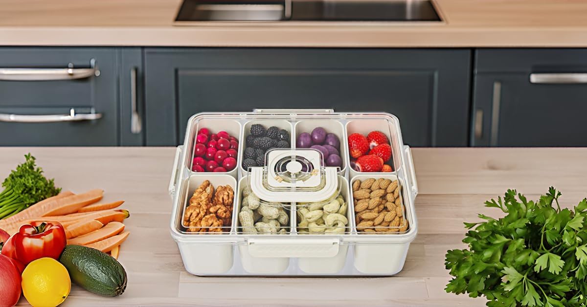Divided Serving Tray with Lids and Handle, Snackle Box Charcuterie Container, Portable Snack Platters, 8 Compartments Snack Tray for Fruits, Nuts, Candy, Cookies, Party, Picnic, 1PCS