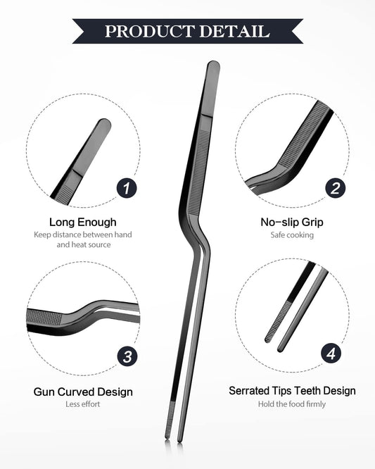 10-inch Cooking Tweezer and Offset Tweezer Set, Tongs Precision Serrated Tips, Stainless Steel Professional Chef Tweezer Kitchen Tools for BBQ, Plating and Serving