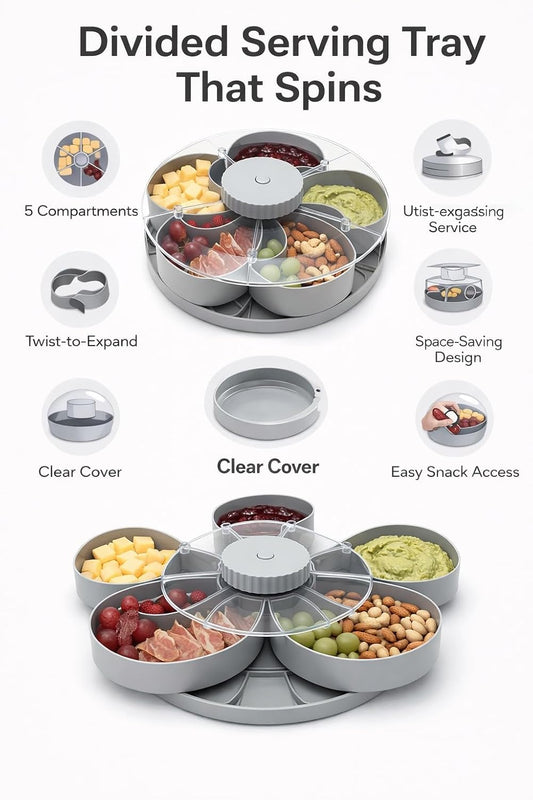 Divided Serving Tray that Spins, 5-Compartment Twist-to-Open Snack Tray with Lid, Expandable Party Platter for Fruit, Candy, Nuts, Veggies and Dips, Gray