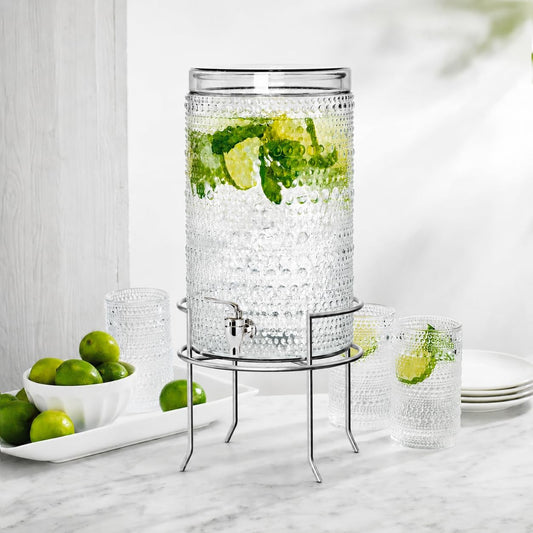 2 Gallon Glass Drink Dispenser, hobnail Drink Dispensers for Parties, Beverage Dispenser with Stand and Glass Lid, 100% Leakproof Spigot, Ideal for Lemonade, Juice, Laundry Detergent Dispenser