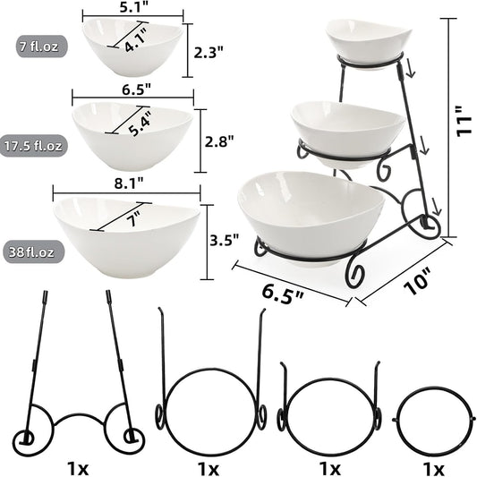 Covzoe 3 Tiered Serving Bowl Stand, Ceramic Chip and Dip Serving Dishes with Collapsible Metal Rack, Appetizer Serving Platters Food Display Stand for Fruit Dessert Parties Entertaining