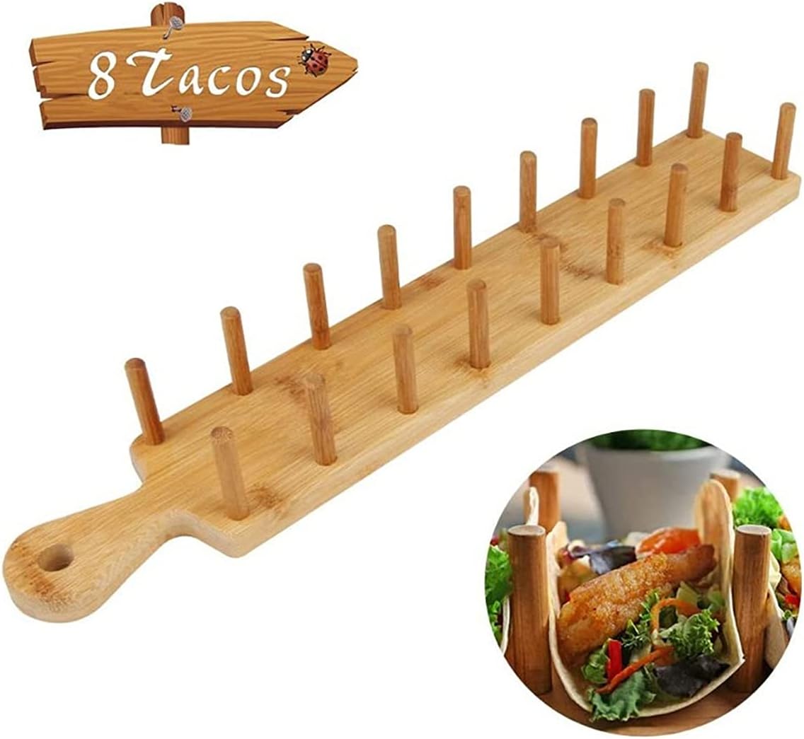 Taco Holder Stand, Taco Tray, Natural Bamboo Taco Plates Rack (Holds 8 Soft or Hard Shell), Wooden Taco Bar Serving Set for a Party, Tortillas, Burritos, Home, Parties (1Pcs)