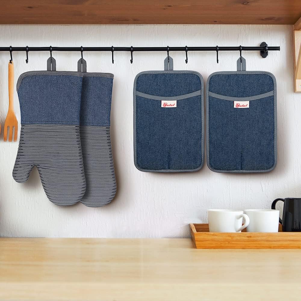 Yutat Silicone Oven Mitts - Oven Mitts and Pot Holders Sets Made of Non-Slip & BPA-Free Silicone, High Heat Resistant 500 Degrees, Perfect for Kitchen Cooking Baking BBQ, Peak Green