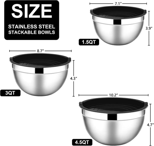 E-far Mixing Bowls with Lids Set, Stainless Steel Salad Bowls