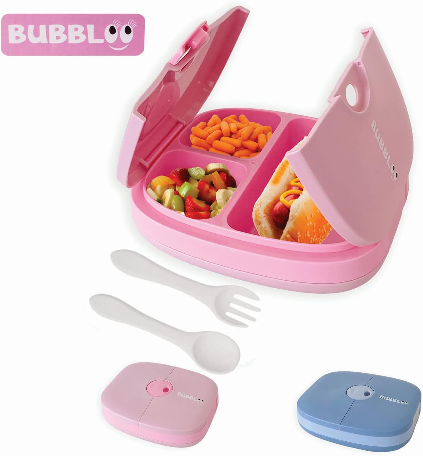 BUBBLOO Bento Box for Kids with Silverware - 3 Compartment Ideal Portion Sizes - BPA Free Removable Plastic Tray - Leak Proof Kids Lunch Box, Pink