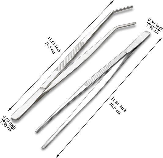 Berglander Kitchen Tweezers Tongs 2pcs, 12" Extra-Long Stainless Steel Metal Heavy Duty Cooking Tweezers for Chef, Serving Food, Grill, Culinary, Pasta, Salad, BBQ