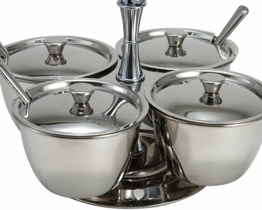 Soro Essentials- 4 Compartments Stainless Steel Relish Server 8 oz Capacity Per Cup- Serving Tray with Lid Condiment Server Condiment Serving Garnish Bar Container for Home Kitchen Restaurant