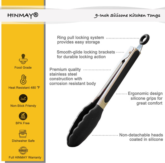 HINMAY Stainless Steel Kitchen Tongs 9-Inch Cooking Tongs, Set of 3