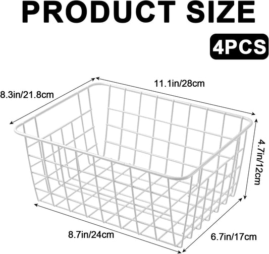White Wire Storage Baskets,11.1"x8.7"x4.7"Wire Freezer Storage Organizer Bins Farmhouse Metal Freezer Basket with Handles for Cabinets, Pantry, Closets, Bedrooms,White,4 Pack