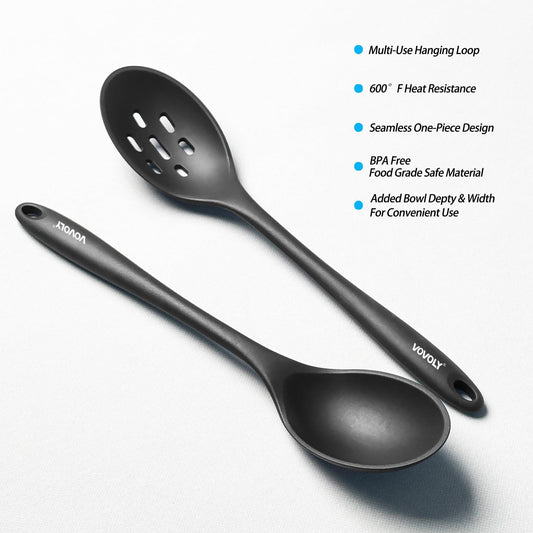 Vovoly Silicone Spoons for Cooking - Extra Large Solid & Slotted Set, Black