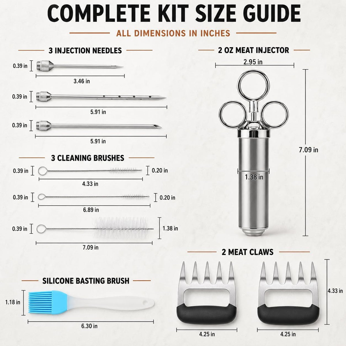 Turkey Injector Kit with 2 oz 304 Stainless Steel Meat Injector Syringe, 15-Piece Set, 3 Needles, Meat Claws, Basting Brush, Cleaning Brushes, Spare Seals and Case for BBQ, Brisket and Poultry (015)