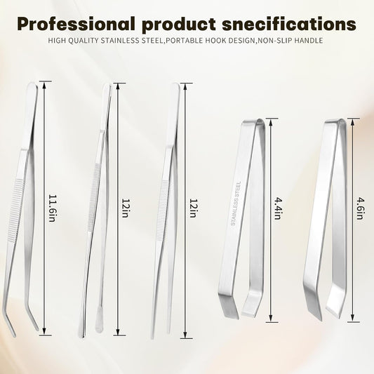 5Pcs Stainless Steel Kitchen Tweezers Tongs Set, Precision Fine Tip Cooking Tongs for Plating, Grilling, Seafood, BBQ- Professional Chef Tools (Different Sizes & Tips)
