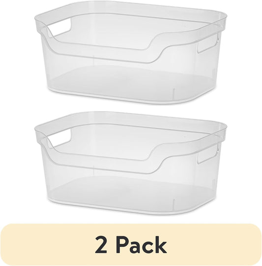 (2 pack) Medium Open Bin, Clear Plastic, Easy Access Bin with Scoop Front, Clear